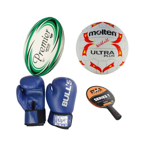 Custom Sports Kits Zimbabwe Sports equipment - rugby ball, netball, boxing gloves and table tennis bat